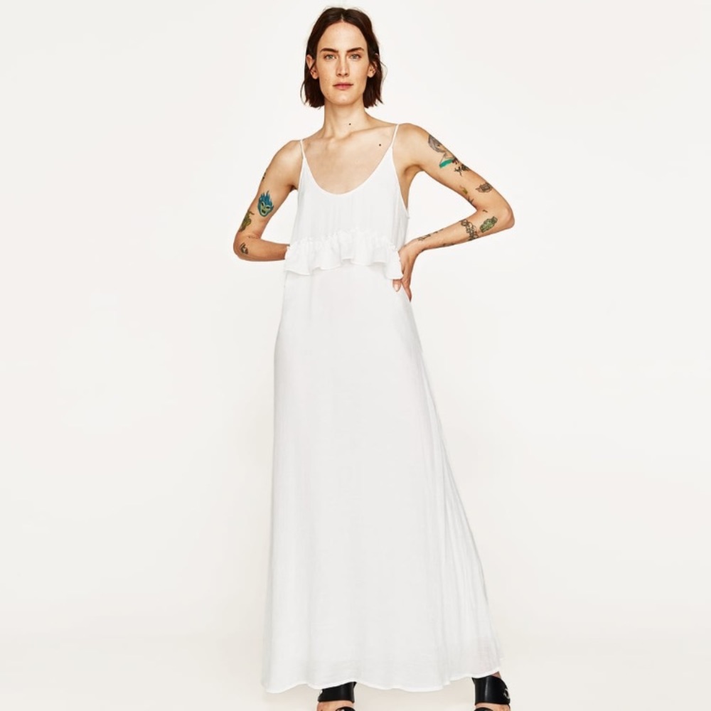 Zara white long dress with ruffle